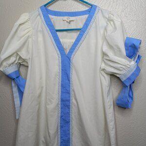 Entro White & Blue Striped V-Neck Puff Sleeve Blouse Size S